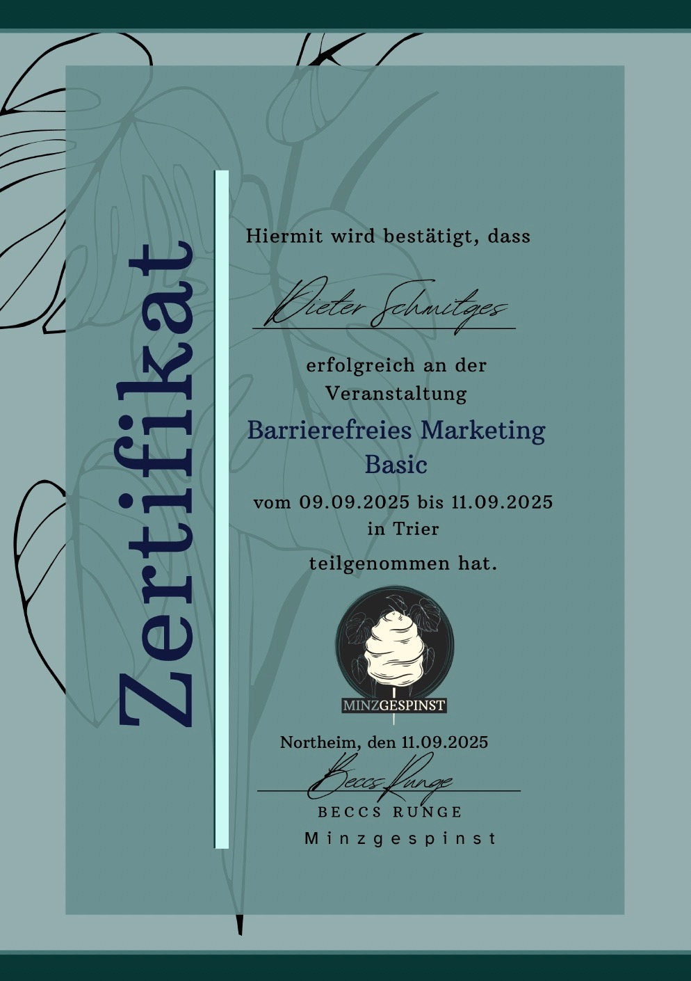 Zertifikat Barrierefreiheit Dieter Schmitges