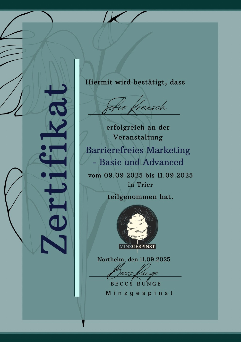 Zertifikat Barrierefreiheit Sofie Kreusch