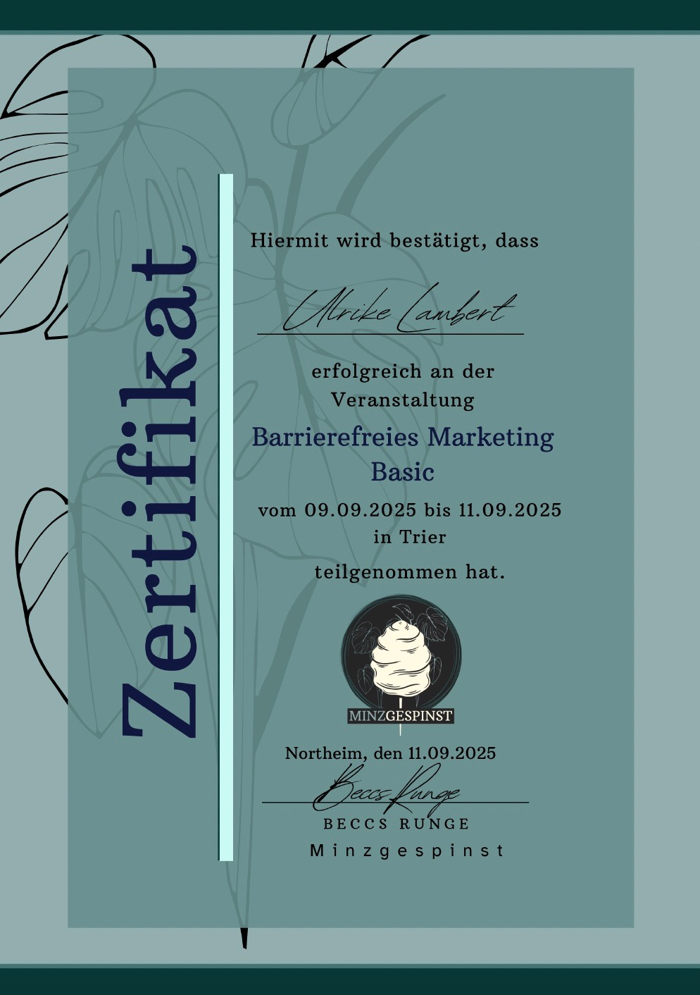 Zertifikat Barrierefreiheit Ulrike Lambert