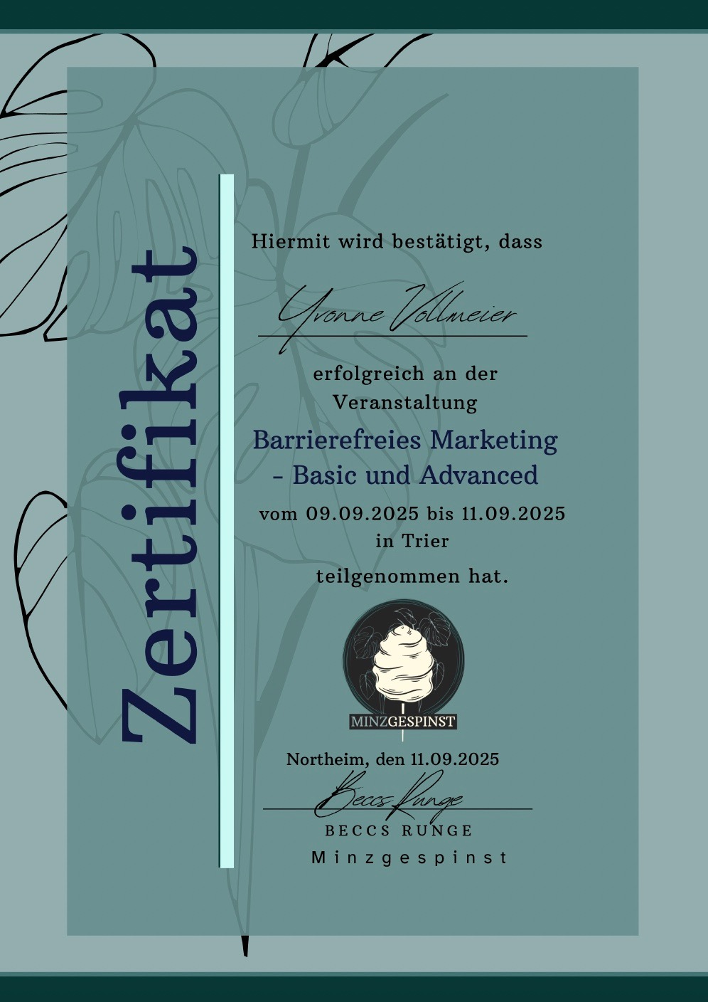 Zertifikat Barrierefreiheit Yvonne Vollmeier